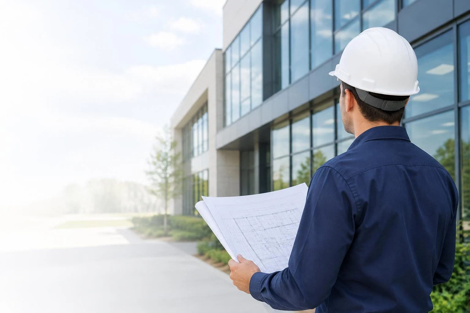 Profissionais de engenharia analisando uma planta e documentação técnica